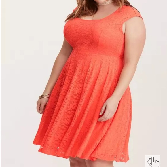 Torrid Neon Coral Lace Skater Dress with Scoop Neck Keyhole Back Size 2, 2X - Picture 1 of 13